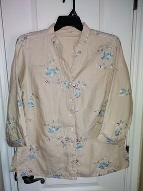 Shanghai Red Linen 1X Floral Embroidered Women's Blouse  Coastal Casual Tunic